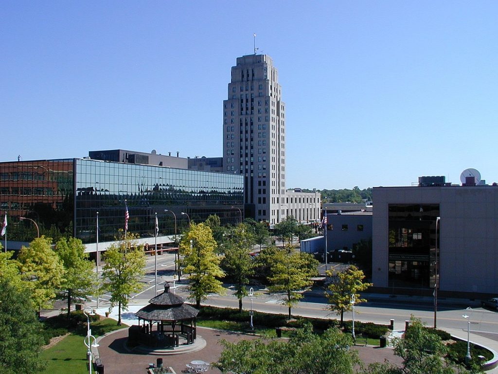 Photo shows aerial view of Battle Creek, featuring the Heritage Building in the center.