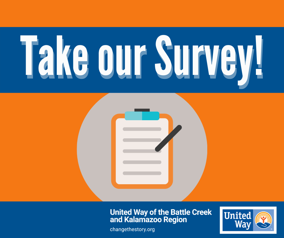 Graphic of clipboard and pen with text "Take Our Survey."