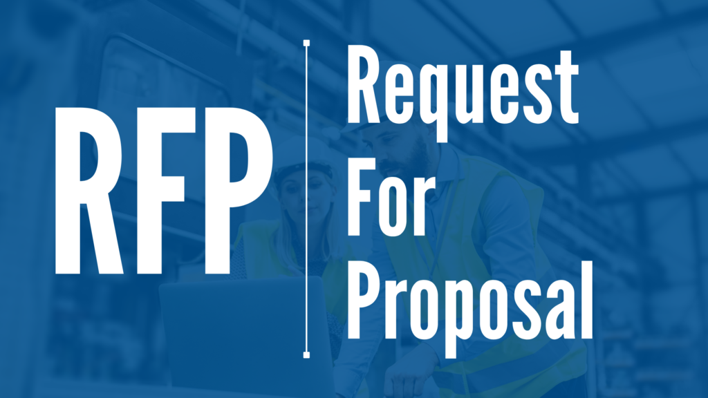 Background is an image of a man and a woman in a manufacturing setting, wearing hardhats and looking at a computer. Overlaid text says: RFP - Request for Proposal.