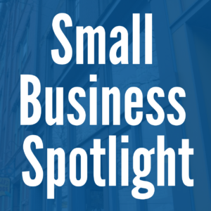 Blue square with white text that says "Small Business Spotlight"