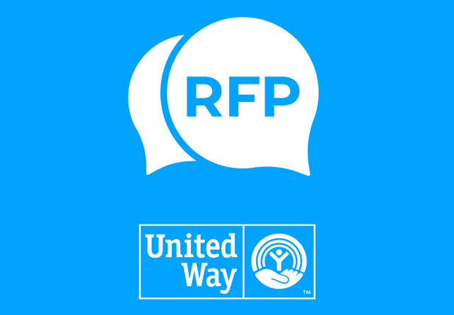 Blue background, with text bubble with the letters RFP, and United Way logo underneath.